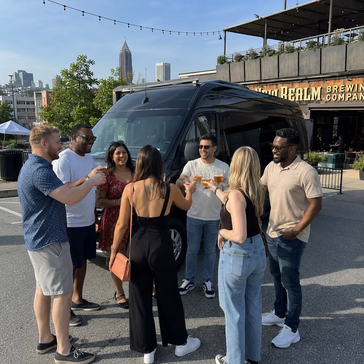Winery tour party bus sprinter van group toast for a metro Atlanta winery tour & pub crawl party bus rental