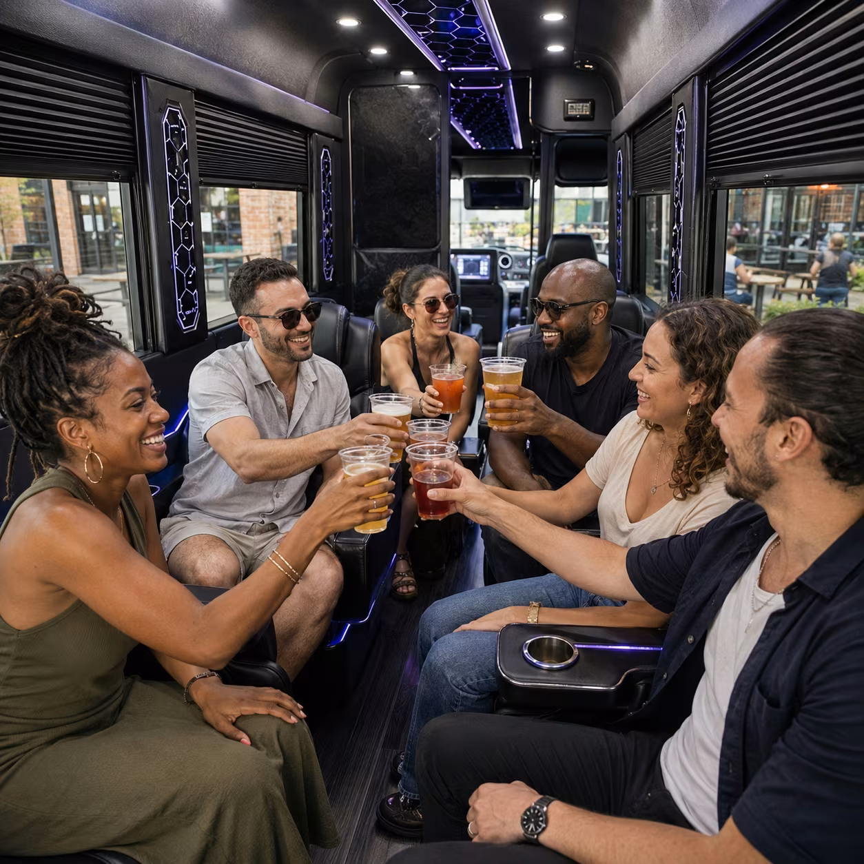 Winery tour party bus sprinter van interior LED lighting 2 for a metro Atlanta winery tour & pub crawl party bus rental