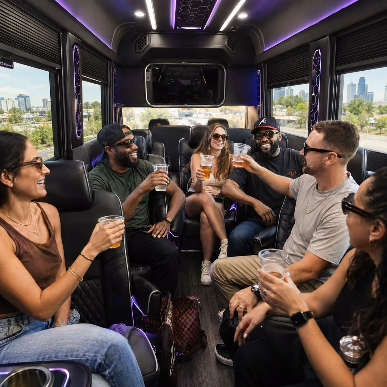 Winery tour party bus sprinter van interior LED lighting for a metro Atlanta winery tour & pub crawl party bus rental
